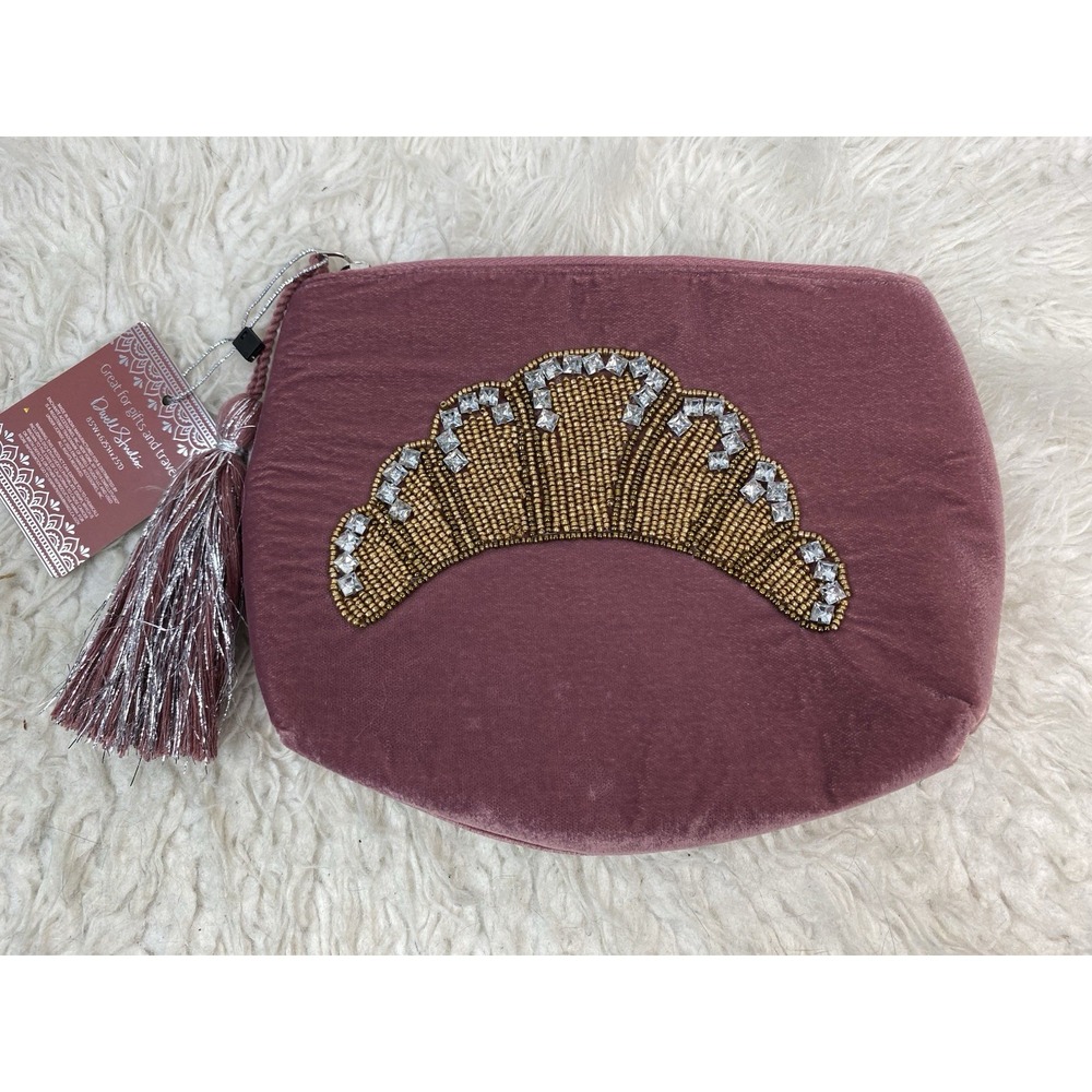NWT Dwell Studio Pink Velvet Gold Hand Beaded Rhinestone Cosmetic Bag